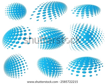 A set of blue dots with varying sizes and shapes. The dots are arranged in a grid, with some overlapping and others not. The overall effect is a sense of movement and energy