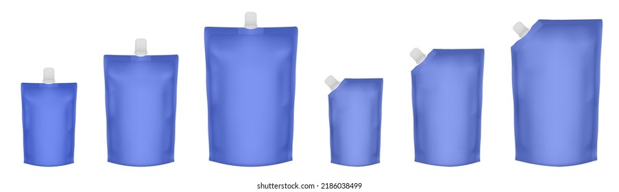 Set of blue doypack packaging with screw cap. Blank foil drink bags pouches with spout. Ketchup, mayonnaise or mustard. Stand up doy pack mock up set. Cosmetic refill