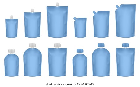 Set of blue doypack packaging with screw cap. Blank foil drink bags pouches with spout. Ketchup, mayonnaise or mustard. Stand up doy pack mock up set. Cosmetic refill. Fruit puree, baby food