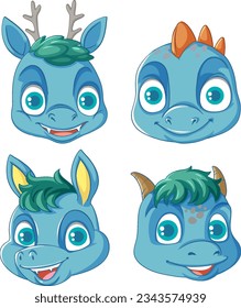 Set of blue dragon monster head illustration