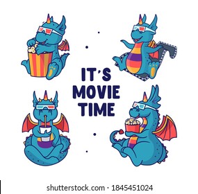 Set of blue dragons who are watching a film and eating. Rainbow unicorn-monsters with a lettering phrase - Movie time. Good for family look designs, t-shirts. Vector illustration