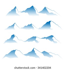 Set of the blue drawn mountains on a white background.