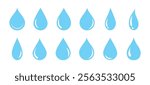 Set of blue droplet and drop silhouettes, raindrops, splash, sea waves, pouring water, spray icons, and design elements. Blue isolated water drops, droplet set, and blob icons on white background.