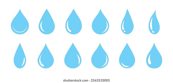 Set of blue droplet and drop silhouettes, raindrops, splash, sea waves, pouring water, spray icons, and design elements. Blue isolated water drops, droplet set, and blob icons on white background.