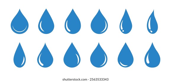 Set of blue droplet and drop silhouettes, raindrops, splash, sea waves, pouring water, spray icons, and design elements. Blue isolated water drops, droplet set, and blob icons on white background.