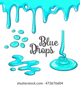 Set of blue drops and blots, cartoon style vector illustration isolated on white background. dropping and flowing, yummy cake decoration elements