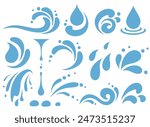 set of blue drops, raindrops, splash, sea waves, pouring water, spray icons and design elements