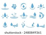 Set of blue drops, raindrops, splash, sea waves, pouring water, spray icons and design elements