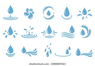 Set of blue drops, raindrops, splash, sea waves, pouring water, spray icons and design elements