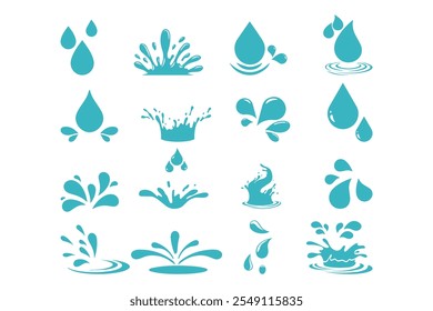 Conjunto de gotas azuis, gotas de chuva, splash, ondas do mar, água vazando, ícones de spray e elementos de design