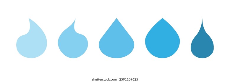 Set of blue drops, raindrops, splash, sea waves, pouring water, spray icons and design elements