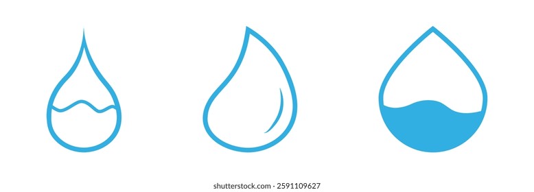 Set of blue drops, raindrops, splash, sea waves, pouring water, spray icons and design elements