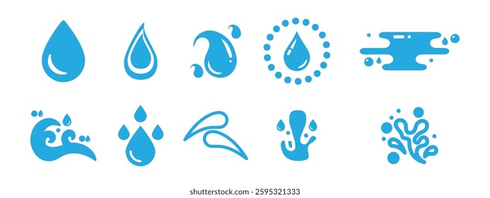 set of blue drops, raindrops, splash, sea waves, pouring water, spray icons and design elements