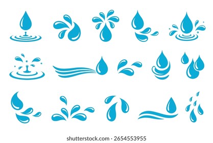 Set of blue drops, raindrops, splash, sea ocean waves, pouring water, spray icons and design elements