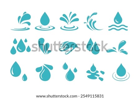 Set of blue drops, raindrops, splash, sea waves, pouring water, spray icons and design elements
