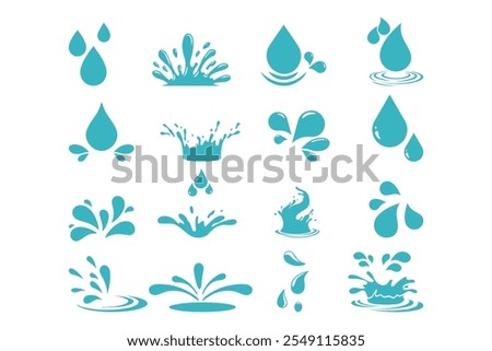 Set of blue drops, raindrops, splash, sea waves, pouring water, spray icons and design elements