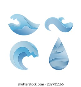 Set of Blue Drops and Waves. Abstract Textured Decorative Shapes. Vector Elements for Logos, Icons, Badges and Signs.