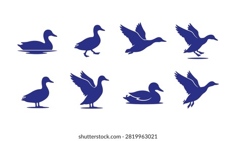 Set of Blue Duck Silhouettes Displaying Various Movements and Positions Isolated