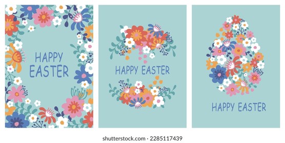 conjunto de tarjetas azules de Pascua para el día de Pascua con vector de flores primavera