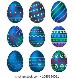 A set of blue Easter eggs with colorful patterns. Vector illustration