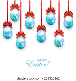 Set of blue Easter eggs with decorative patterns and bow isolated on white background, illustration.