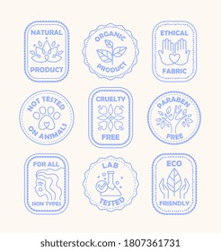 Set of blue ecology logos or labels for paraben and cruelty free, natural and organic, eco, and lab tested not on animals, colored vector illustration