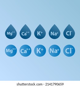 Set Of Blue Electrolyte Modern Icons - Calcium, Sodium, Magnesium, Potassium And Chlorine Ion Symbols For Mineral Product, Mineralized Water, Health Care And Education