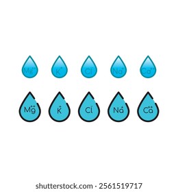 Set of blue electrolyte modern icons - Calcium, Sodium, Magnesium, Potassium and Chlorine ion symbols for Mineral product, mineralized water, health care and education