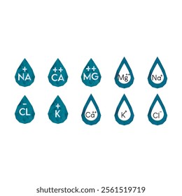 Set of blue electrolyte modern icons - Calcium, Sodium, Magnesium, Potassium and Chlorine ion symbols for Mineral product, mineralized water, health care and education