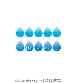 Set of blue electrolyte modern icons - Calcium, Sodium, Magnesium, Potassium and Chlorine ion symbols for Mineral product, mineralized water, health care and education