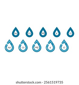 Set of blue electrolyte modern icons - Calcium, Sodium, Magnesium, Potassium and Chlorine ion symbols for Mineral product, mineralized water, health care and education