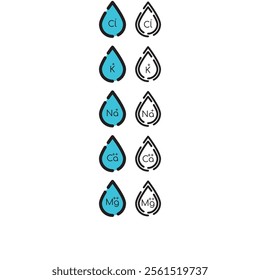 Set of blue electrolyte modern icons - Calcium, Sodium, Magnesium, Potassium and Chlorine ion symbols for Mineral product, mineralized water, health care and education