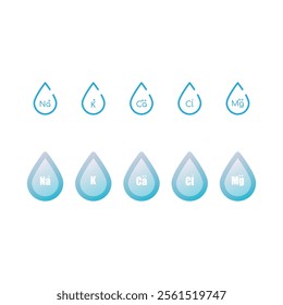 Set of blue electrolyte modern icons - Calcium, Sodium, Magnesium, Potassium and Chlorine ion symbols for Mineral product, mineralized water, health care and education