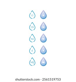 Set of blue electrolyte modern icons - Calcium, Sodium, Magnesium, Potassium and Chlorine ion symbols for Mineral product, mineralized water, health care and education