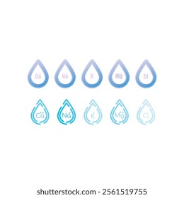 Set of blue electrolyte modern icons - Calcium, Sodium, Magnesium, Potassium and Chlorine ion symbols for Mineral product, mineralized water, health care and education