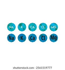 Set of blue electrolyte modern icons - Calcium, Sodium, Magnesium, Potassium and Chlorine ion symbols for Mineral product, mineralized water, health care and education