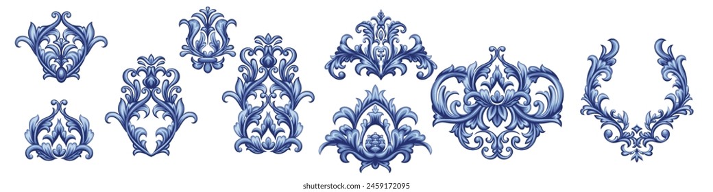 Set of blue elements in Baroque style for design of textile and greeting cards