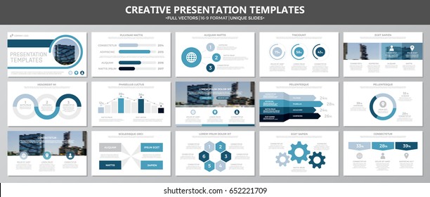 Set of blue elements for multipurpose presentation template slides with graphs and charts. Leaflet, corporate report, marketing, advertising,  book cover design.