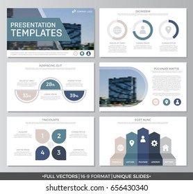 Set of blue elements for multipurpose presentation template slides with graphs and charts. Leaflet, corporate report, marketing, advertising,  book cover design.