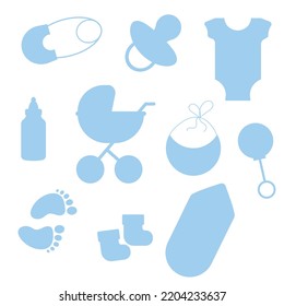 Set of blue elements silhouettes for baby shower for a boy. Vector illustration