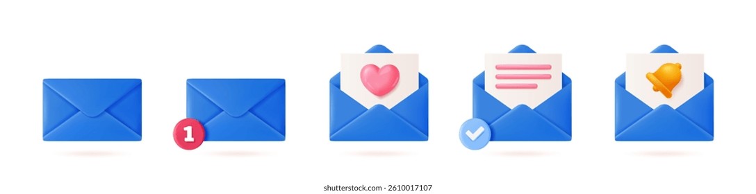 Set of blue email envelope icons with symbols like heart, notification, and checkmark on white background. Concept of communication and messages. Soft 3d vector illustration