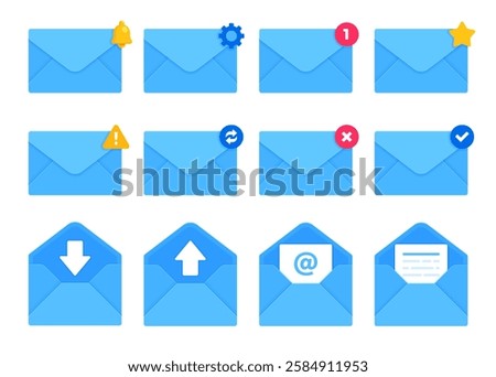 Set of blue email and message envelope icons with notification and status symbol. Digital communication, e-mail client, inbox management concept. Flat vector illustration isolated on white background