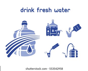 Set of blue emblems on theme of clean water bottles.