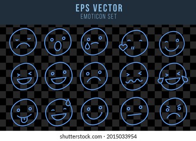 Conjunto de luz emoticono azul efecto neón lámpara emotiji iluminar aislado