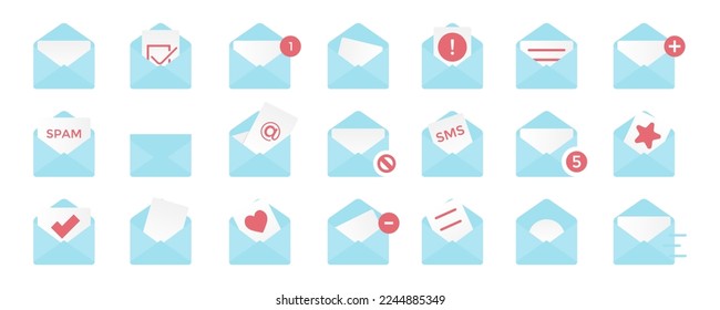 Set of blue envelope mail message. Vector illustration