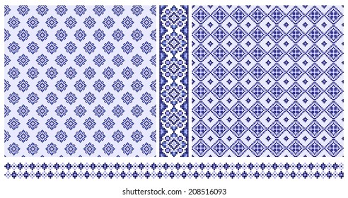 Set of blue ethnic cross stitched seamless patterns and borders