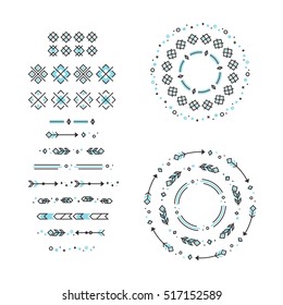 Set of blue ethnic vector brushes and borders. Modern style grey ornaments with geometric shapes and arrows