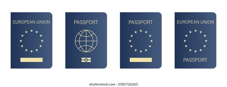 Set of blue EU passport on a white background