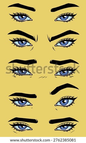 Set of blue female eyes with various eyebrow expressions in comic pop art style. Hand-drawn vector illustration of different facial emotions and moods.