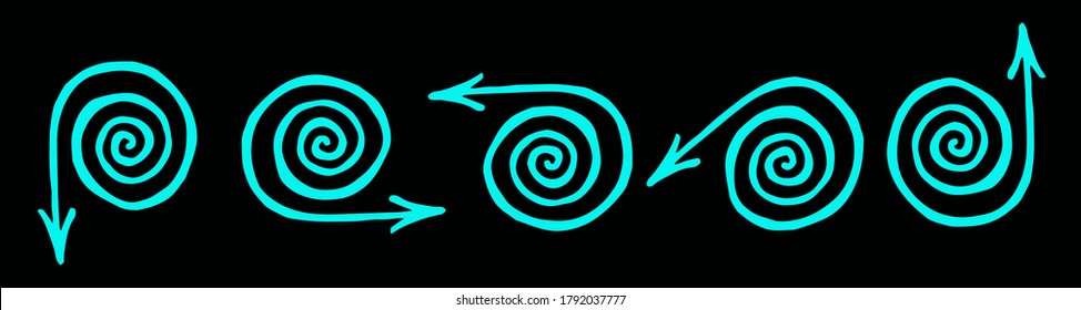Set of blue figure arrows in form of swirls in different directions on black background for the design of websites, articles, banners and templates.